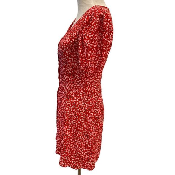 H&M Red Ditsy Floral Boho Festival Shortsleeved Flowy Mini Button Front Sundress - Picture 3 of 7